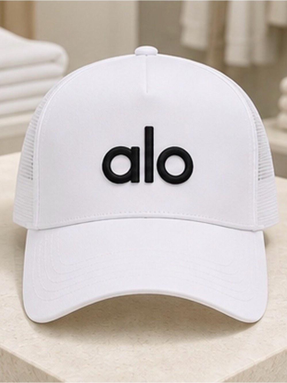 ALO Yoga Women White Trucker Cap with Black Logo